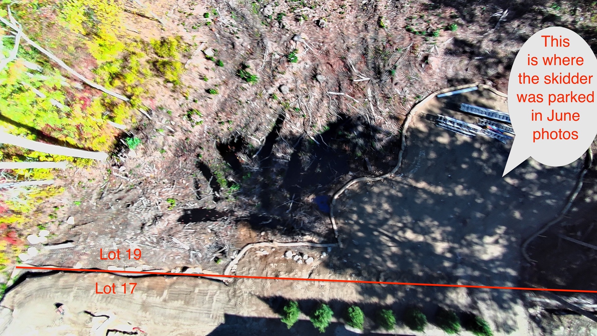 September 2026 drone view of the same area: the wetland on Lot 19 filled, where the skidder was parked in June